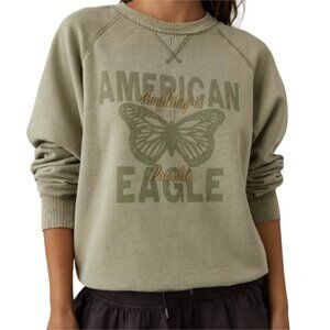 American Eagle Funday Graphic Sweatshirt Soft Fleece Crew Green Butterfly XS